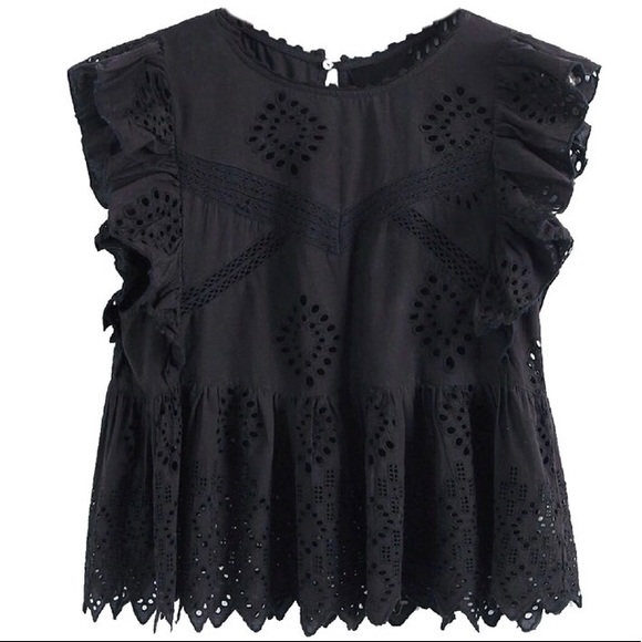BLACK BRODERIE ANGLAISE RUFFLE SLEEVE PEPLUM TOP - Picture 1 of 2